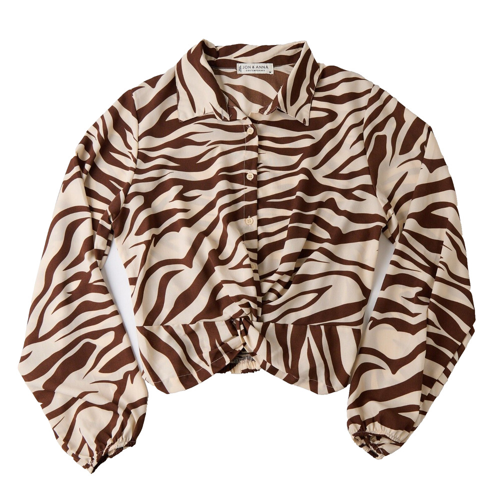 Jon & Anna Zebra Crop Blouse Women's M Brown Y2K Retro Puff Sleeve Safari Animal
